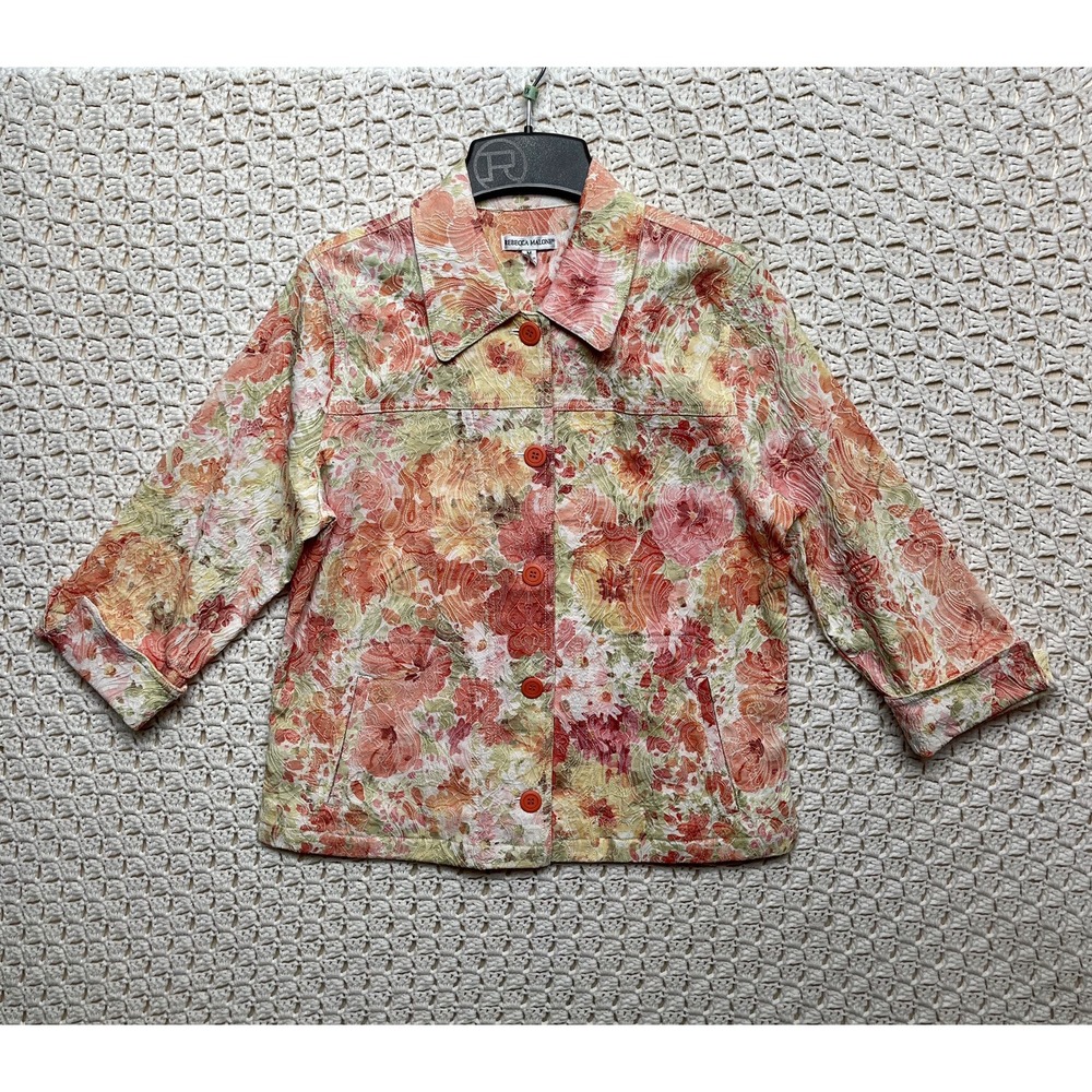 Rebecca Malone Jacket Womens Medium Pink Multicolor Embroidered‎ Floral Blazer